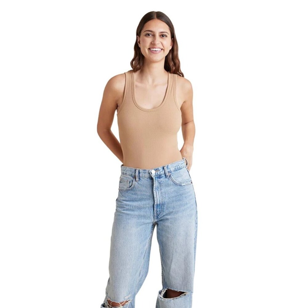 nuuds Ribbed Scoop Tank Bodysuit Small, Color: Cinnamon